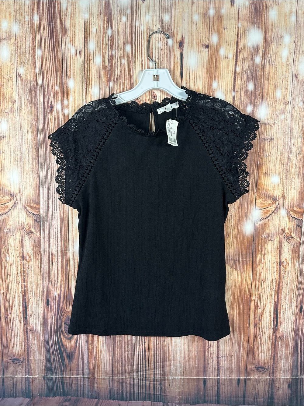 NWT E&M  Womens Black Blouse Lace Sleeve Pull On Mock neck Size Medium